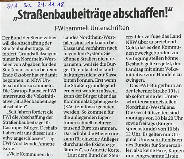 Presse Stadtanzeiger 24.11.2018: Strassenbaubeiträge abschaffen!
