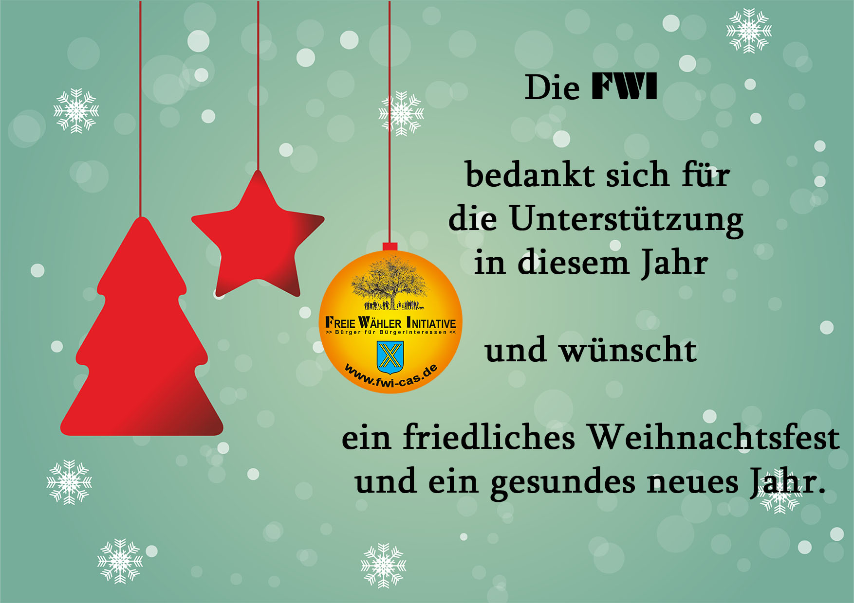 Bild: FWI-Logo als Kugel mit Grussworte: Die FWI bedankt sich für die Unterstützung un diesem Jahr und wünscht ein friedliches Weihnachtsfest und ein gesundes neues Jahr.